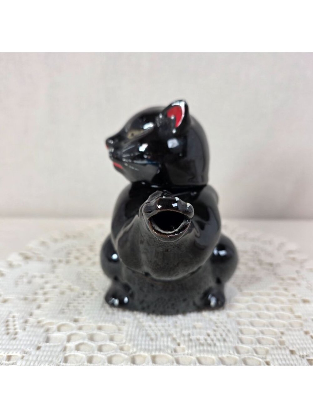 Vintage Shafford Redware Black Cat Teapot With Red & White Painted Details - 5" - Picture 2 of 8